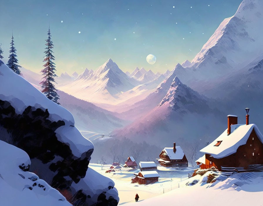 Snow-covered village with mountains and full moon