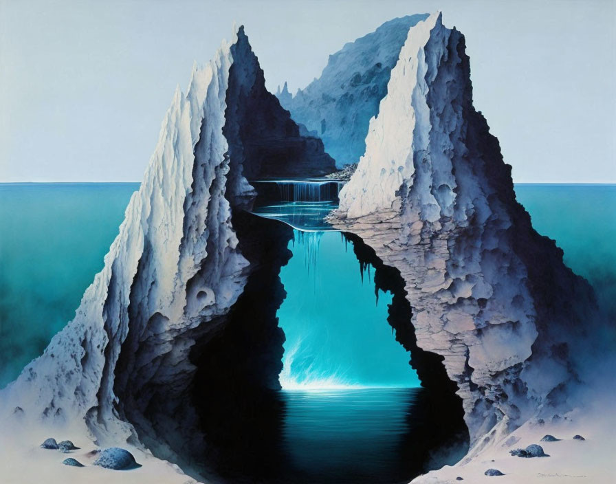 Surreal painting of split rocky cliff with waterfalls and tranquil sea