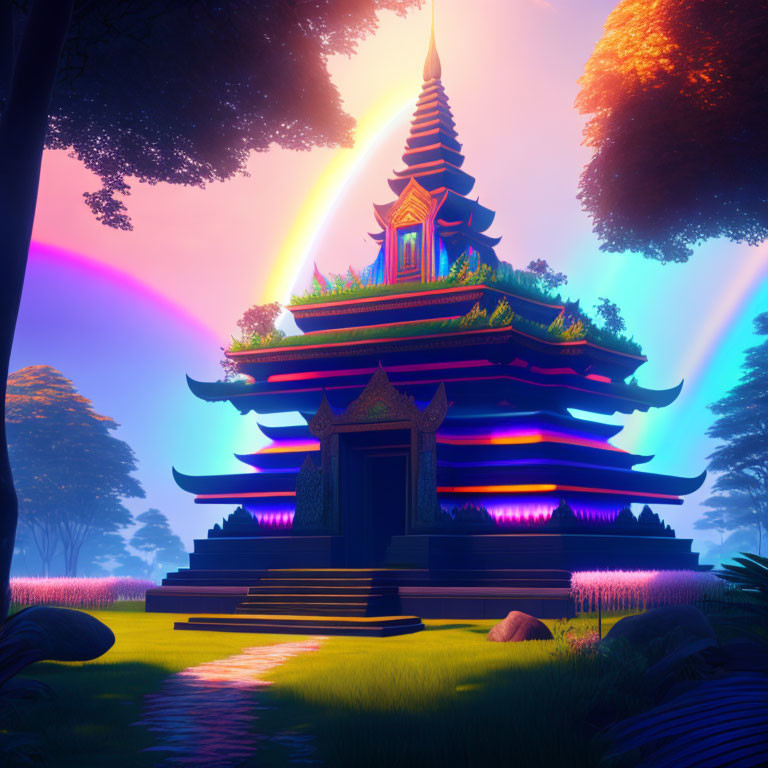 Illustration of traditional temple with double rainbow in mystical forest