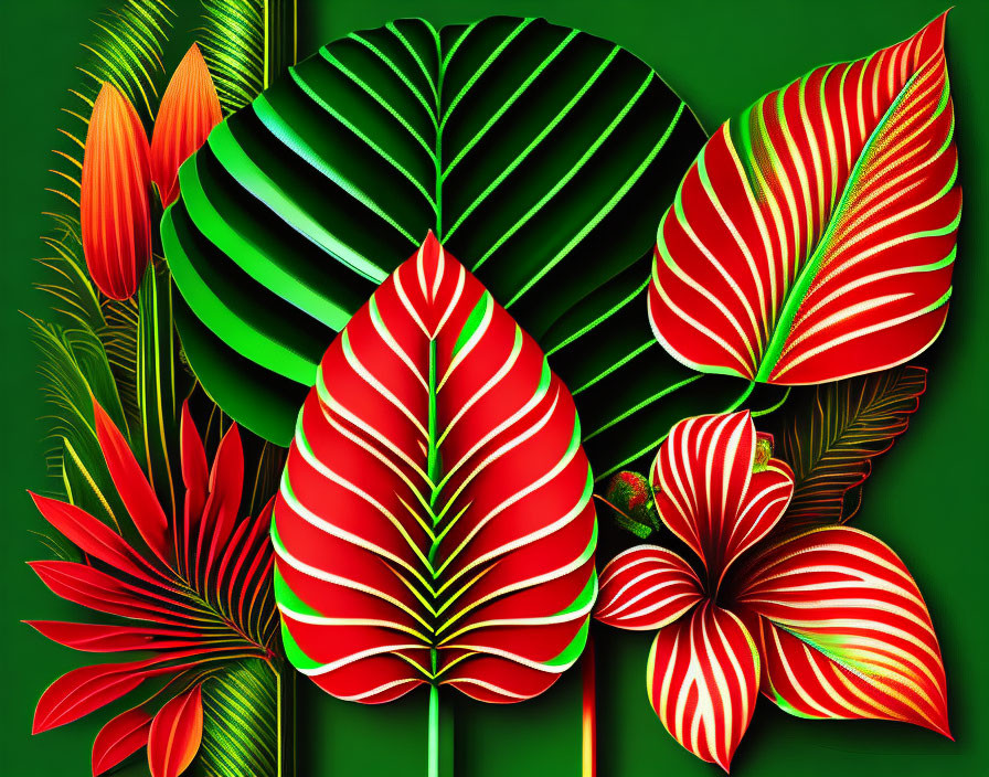 Colorful digital artwork of stylized tropical leaves on green background