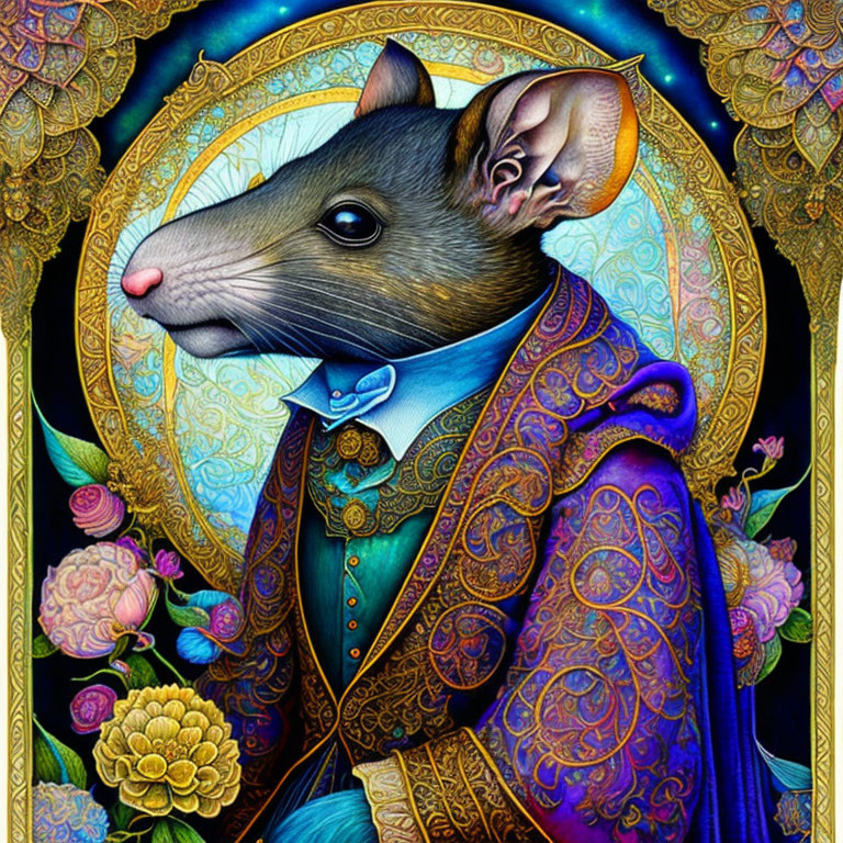 Anthropomorphic rat in Renaissance attire with floral patterns and gold filigree.