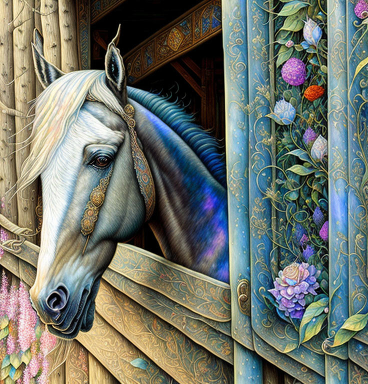 Detailed illustration of white horse with decorative bridle peeking from wooden stable door with floral patterns