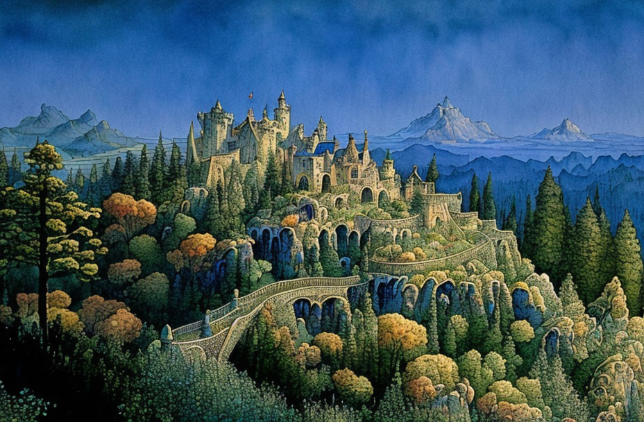 Detailed illustration: Whimsical castle on forested hill with meandering path, starry sky.