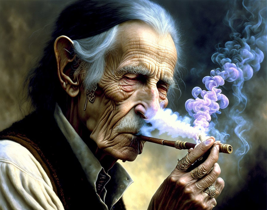 Elderly man with white hair and wrinkles smoking a pipe