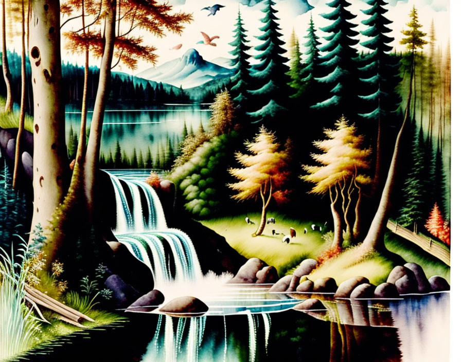 Lush Forest Painting with Waterfalls, River, Wildlife, and Mountains