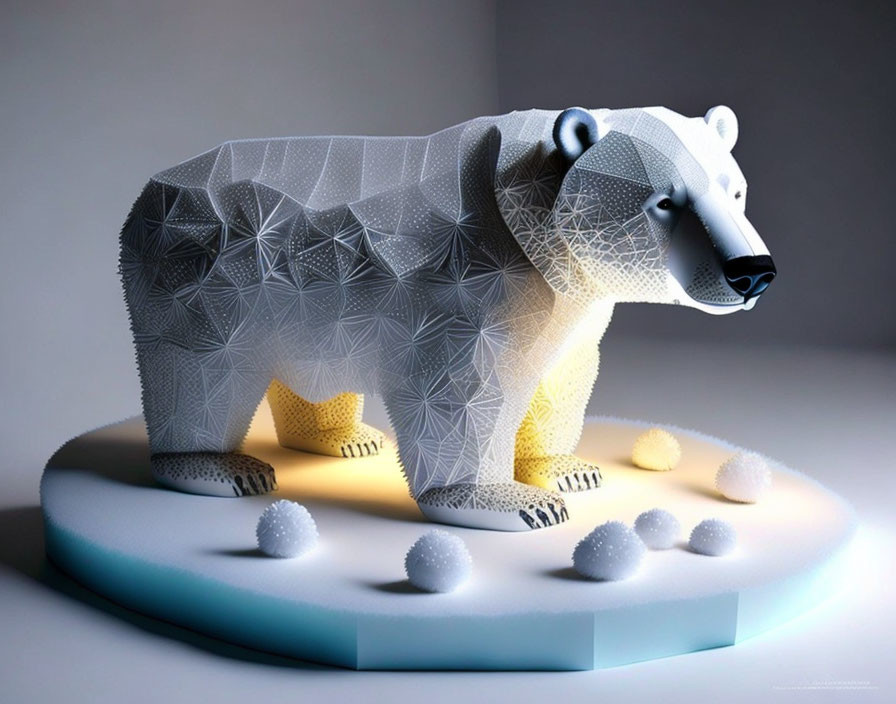 Stylized geometric polar bear on snowy platform - 3D render