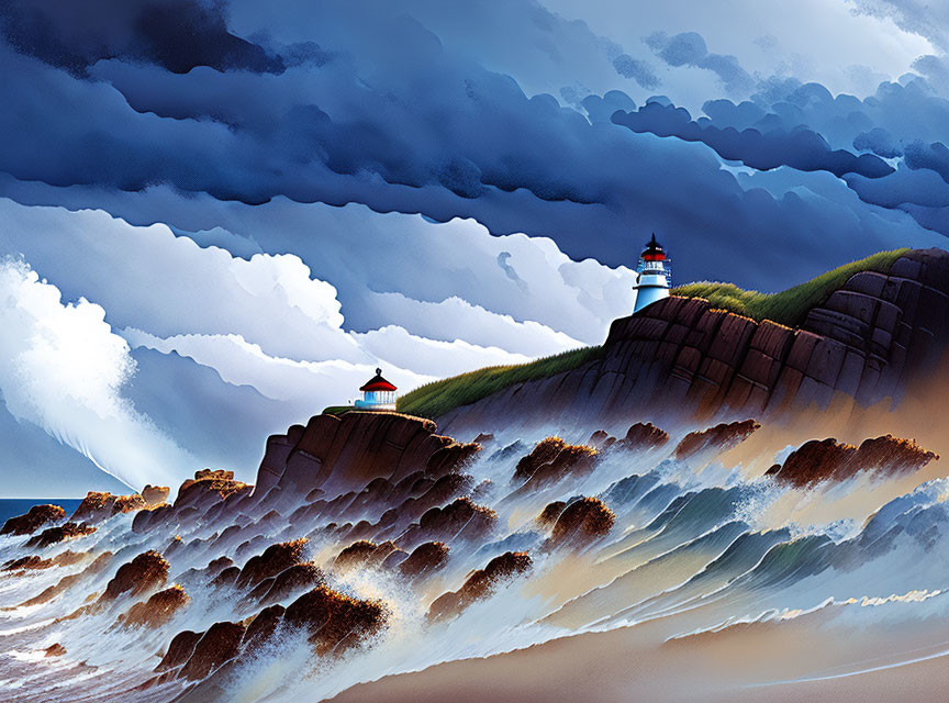 Digitally illustrated seascape with two lighthouses, rocky cliffs, crashing waves, and dramatic sky