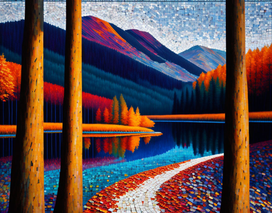 Colorful Autumnal Landscape Mosaic with Reflective Lake