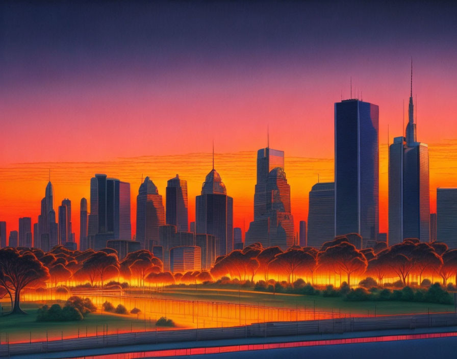 City skyline artwork: sunset with vibrant orange hues & skyscraper silhouettes