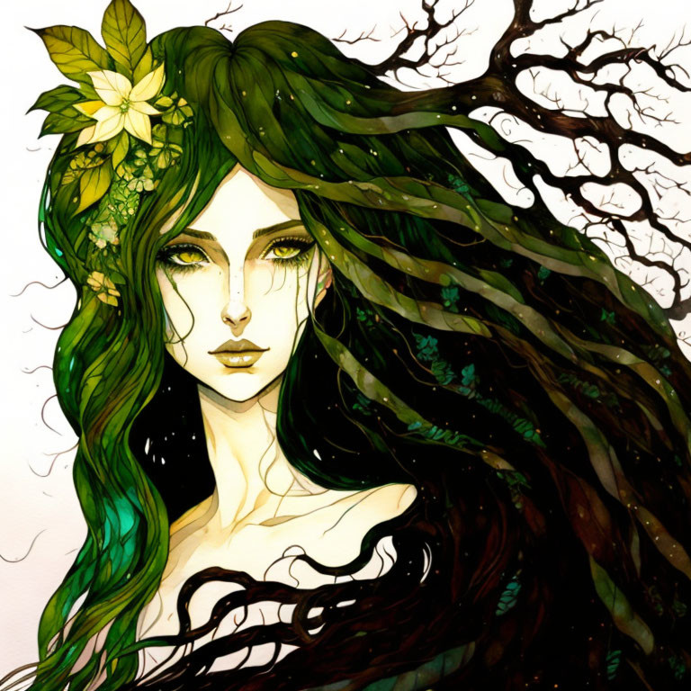 Illustration of woman with green hair merging into tree branches and adorned with flower and leaves