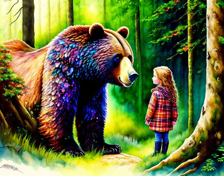 Vibrant painting: young girl and multicolored bear in green forest