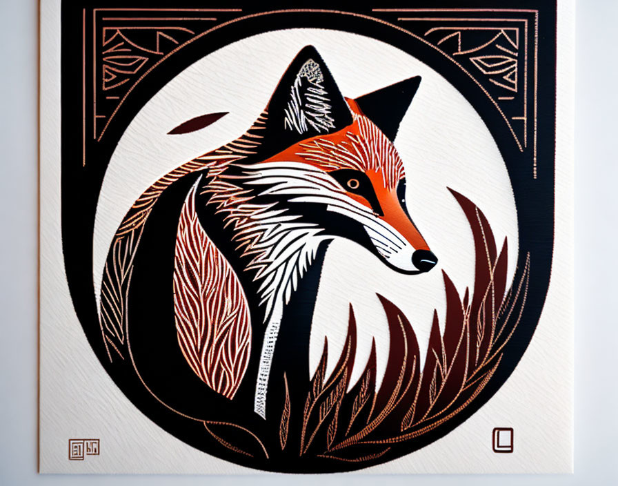 Red Fox Graphic Art in Circular Border with Black, White, and Red Tones