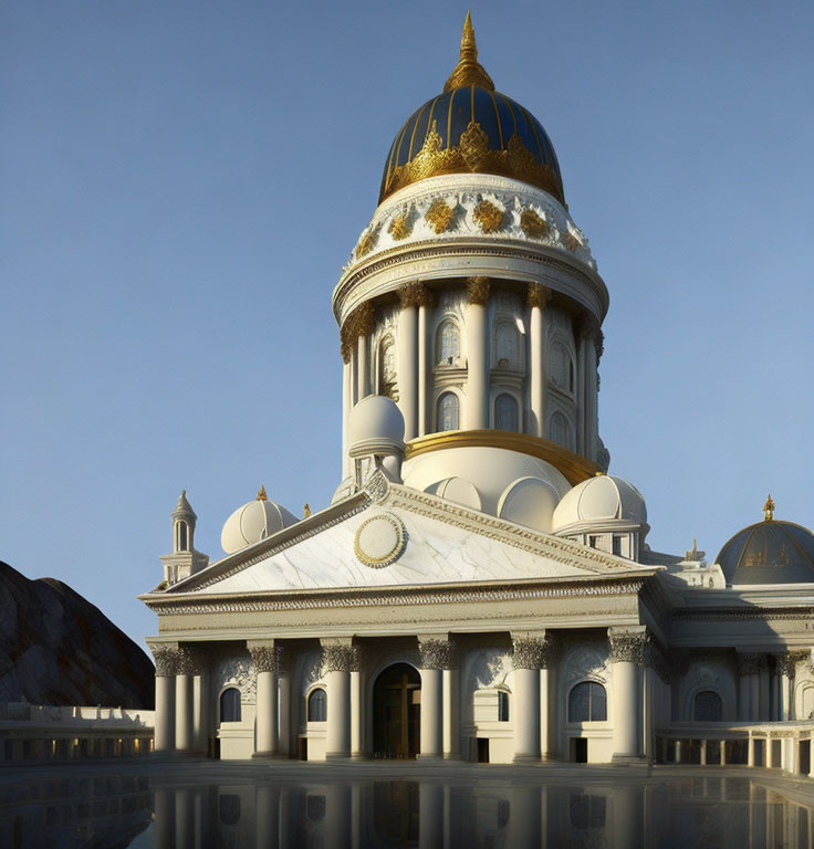 Golden-domed white building with intricate designs on a glossy surface.