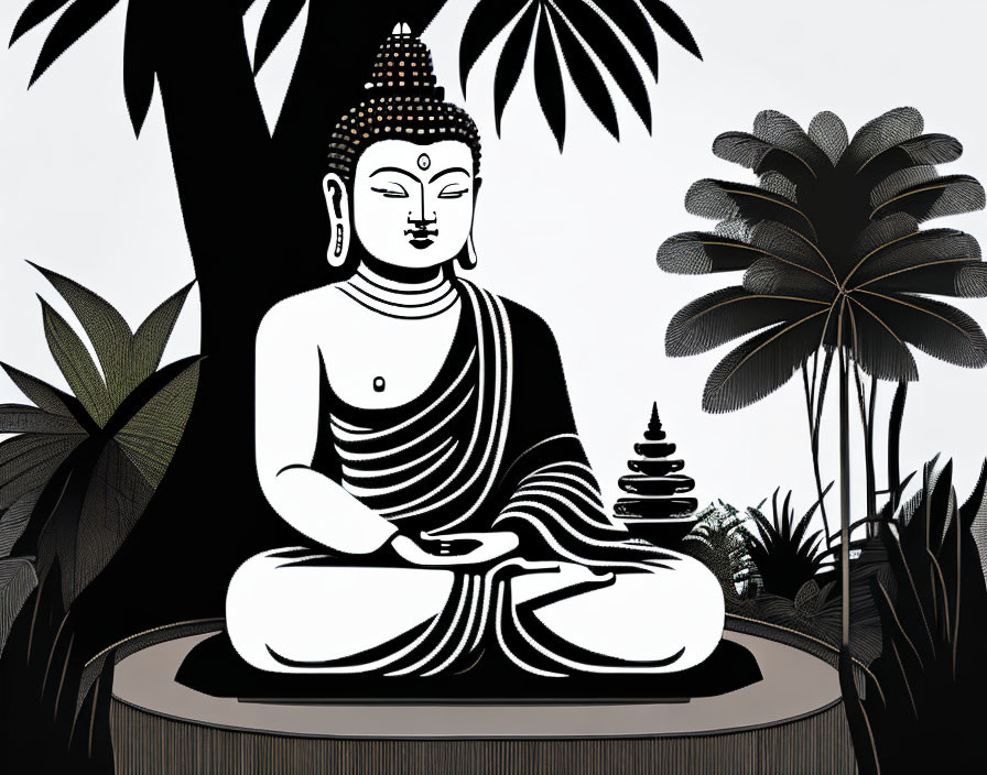 Seated Buddha statue in meditation with stylized trees and foliage