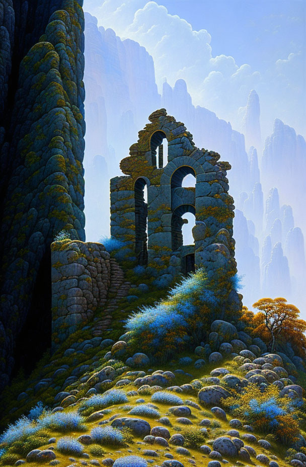 Ancient stone ruins on cliff with arches, misty mountain view, blue flowers.