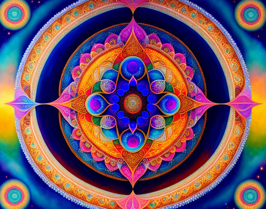 Colorful symmetrical mandala in blue, pink, purple, and gold hues