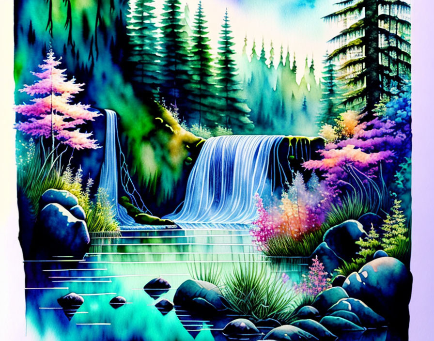 Colorful painting of waterfall with vibrant trees and misty forest