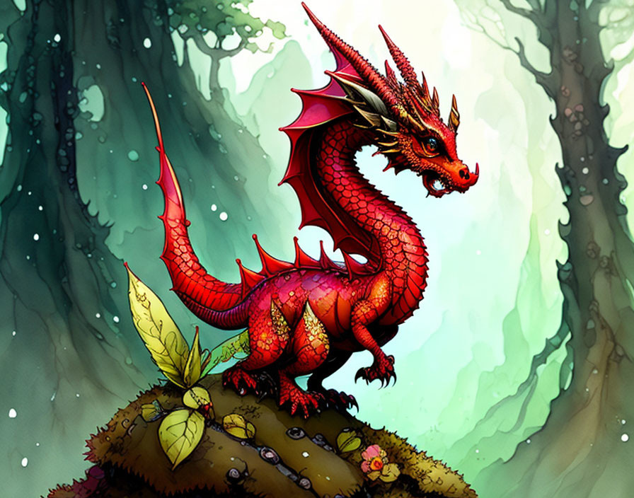 Majestic red dragon on green hillock in mystical forest