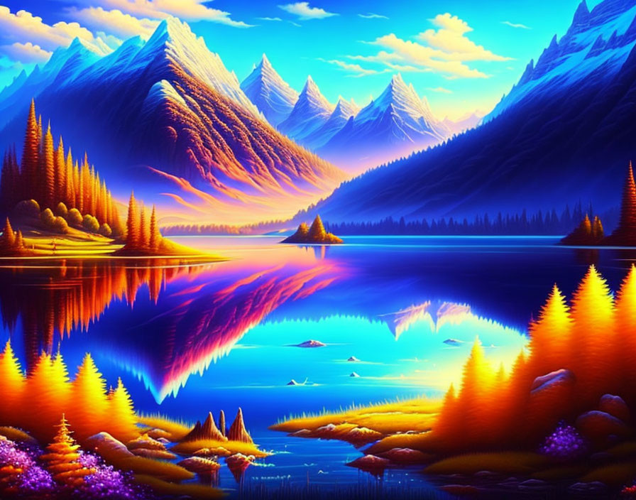 Serene mountain landscape with reflective lake at sunset