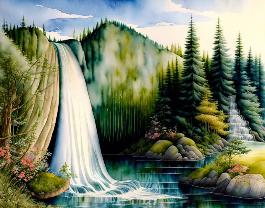 Tranquil painting of majestic waterfall in lush forest