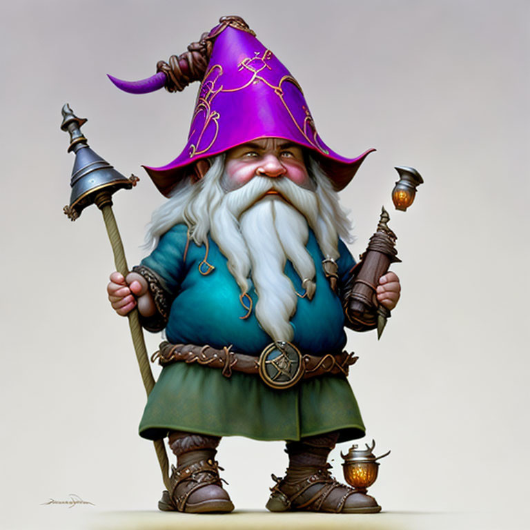 Fantasy dwarf with white beard, purple hat, lamp, and axe in teal tunic.