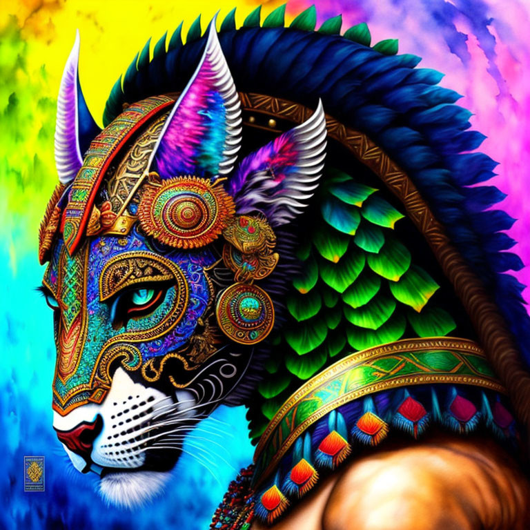 Vibrant Cat Artwork with Tribal Patterns and Rainbow Background