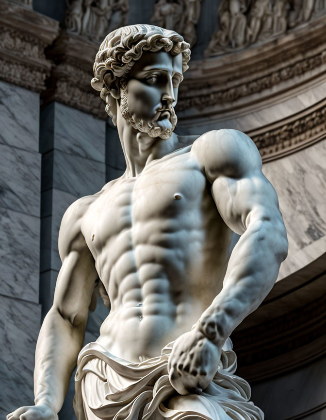 Marble statue of muscular male figure with curly hair and beard in classical garment against architectural backdrop