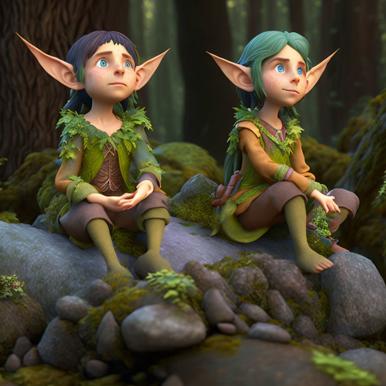 Animated elves in green outfits seated in mossy forest