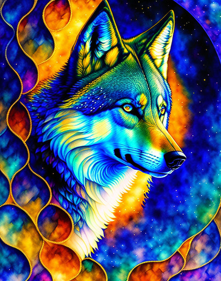 Colorful Wolf Artwork on Cosmic Background