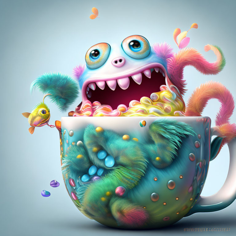 Colorful Fluffy Creature Overflowing from Teacup