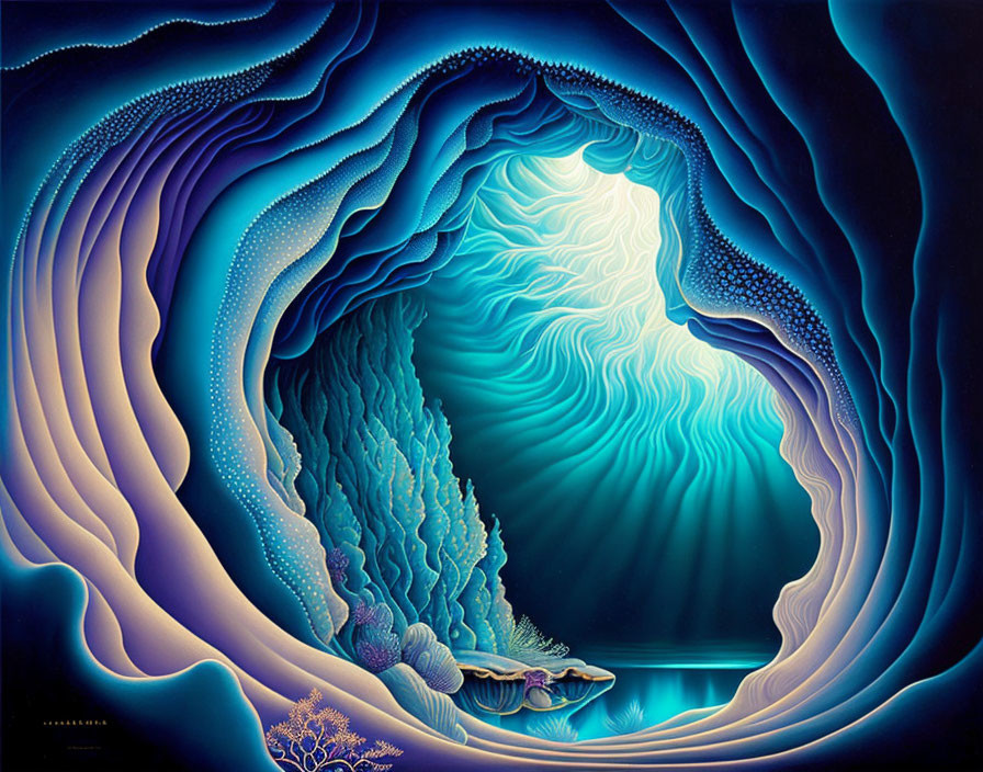 Surreal artwork: Luminous underwater cave with blue patterns & coral structures