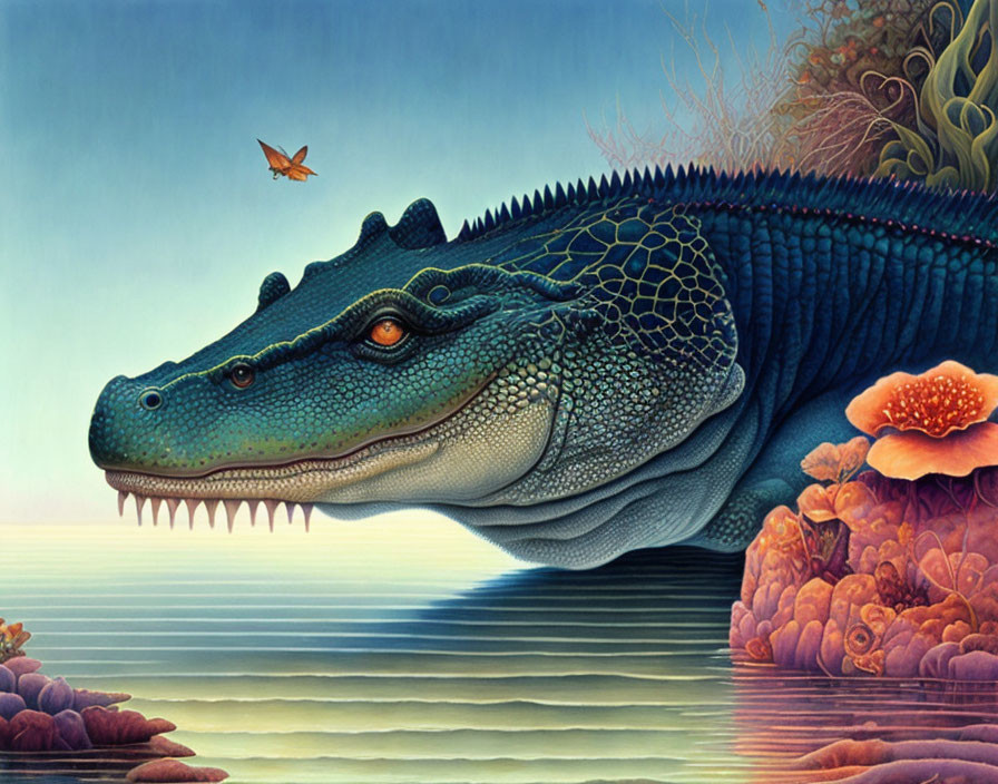 Detailed alligator with butterfly in scenic backdrop.