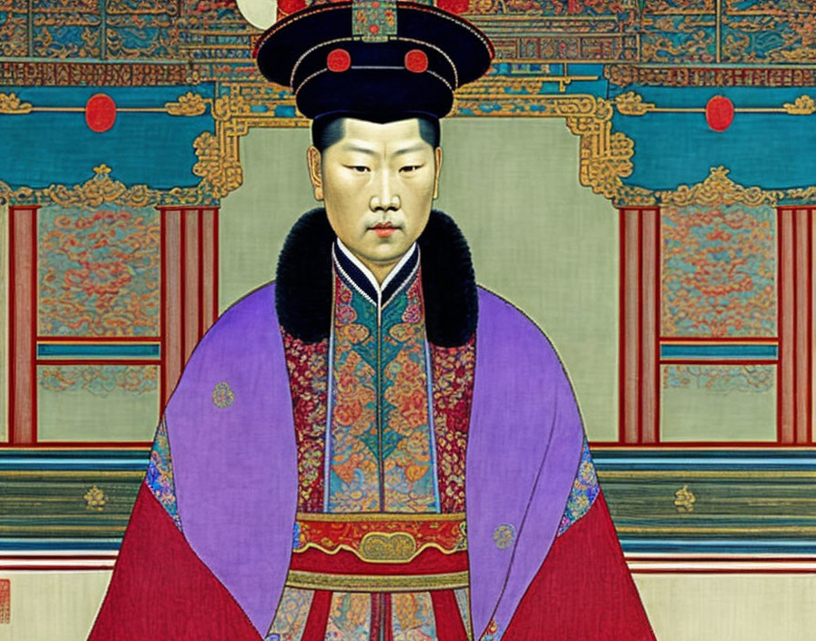 Traditional Korean portrait: Seated male figure in royal attire with black hat