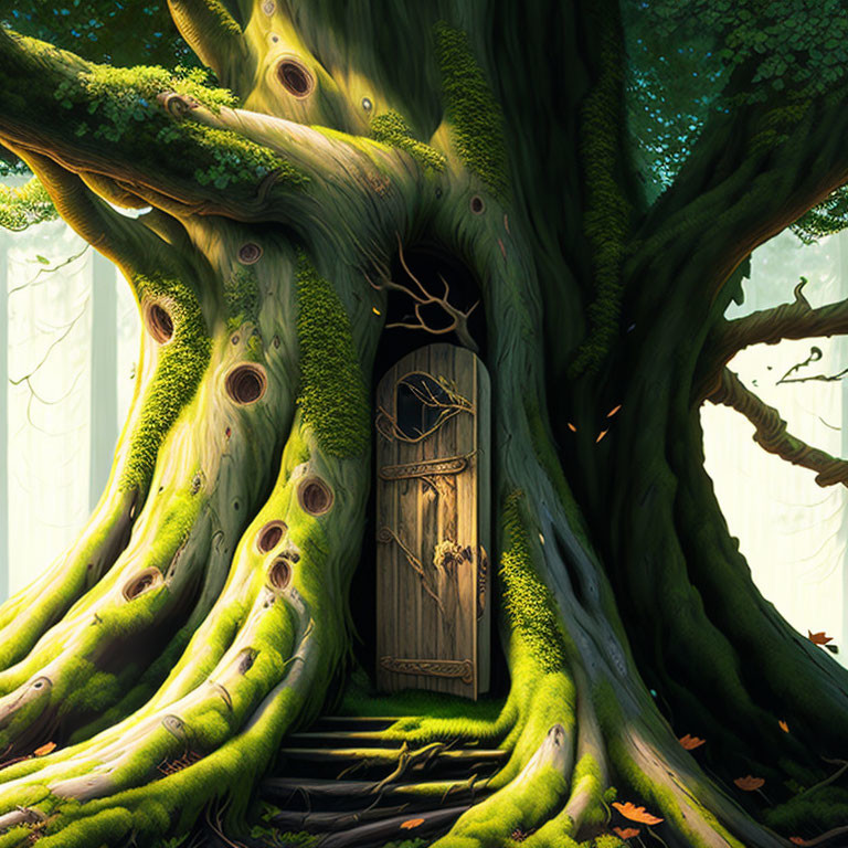 Illustration of Large, Gnarled Tree with Wooden Door in Magical Setting