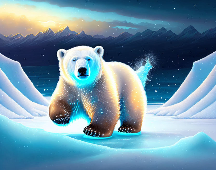 Illustrated polar bear on ice with glowing outline under night skies.