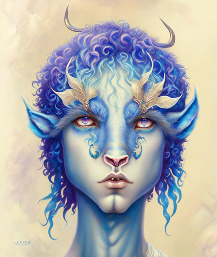 Mythical ram-human hybrid with blue curls and ornate horns