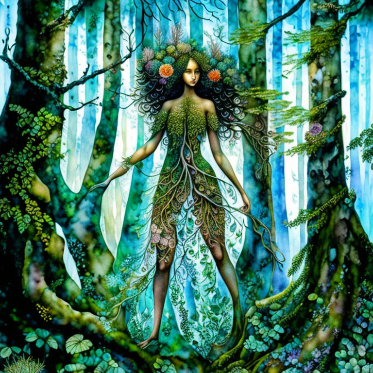 Ethereal woman adorned with leaves and flowers in mystical forest.