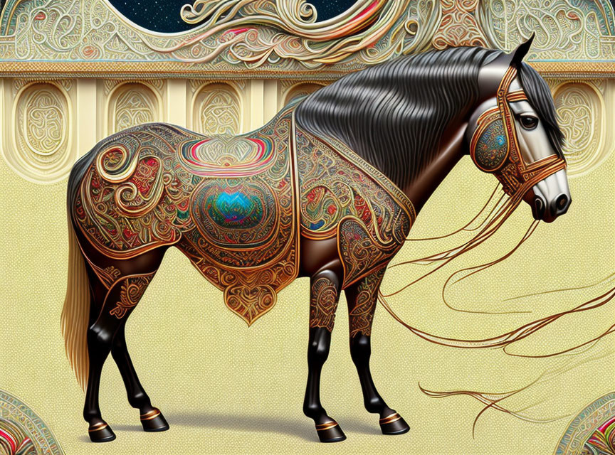 Ornate Patterned Horse Illustration with Swirling Designs