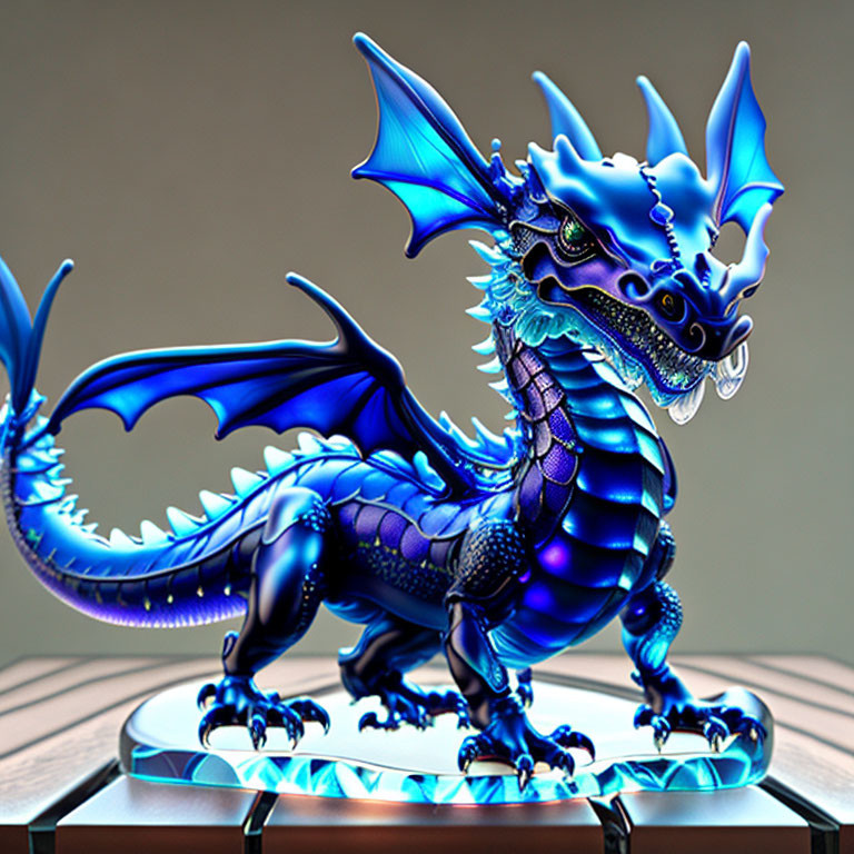 Blue and Purple Metallic Dragon Figurine with Expansive Wings on Circular Base