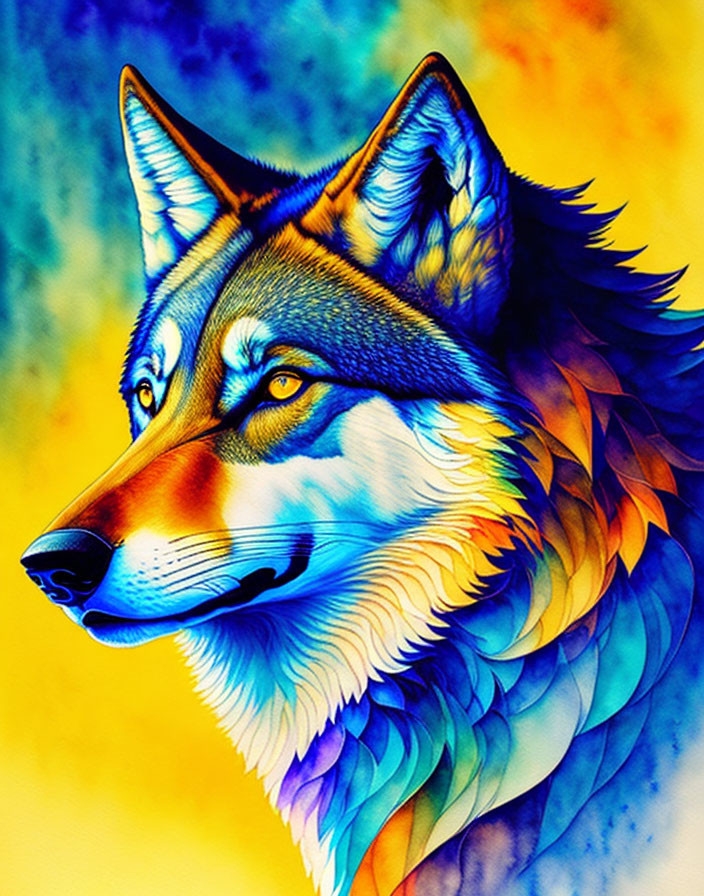 Colorful Wolf Portrait with Blues, Yellows, and Oranges