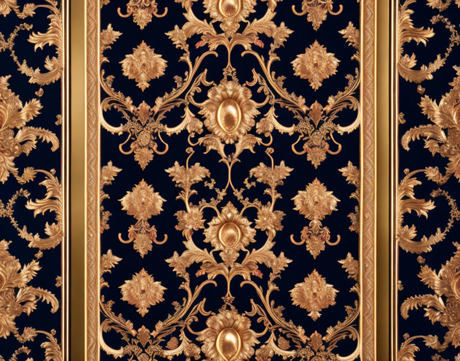 Dark Blue Wallpaper with Golden Floral Designs and Borders