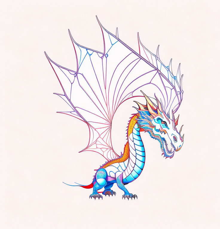 Detailed Dragon Illustration with Expansive Wings on Light Pink Background