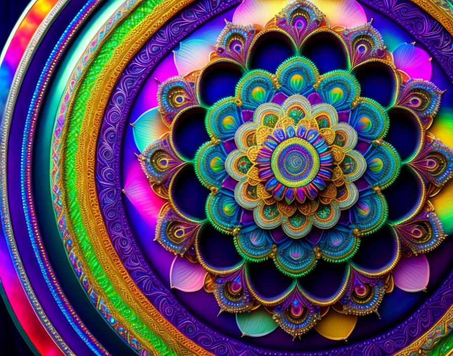 Colorful Multi-Layered Fractal Art Mandala in Blues, Purples, and Greens