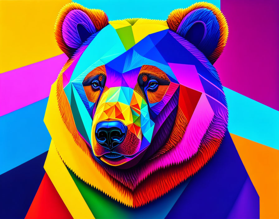 Colorful Geometric Bear Face Art with Rainbow Hues