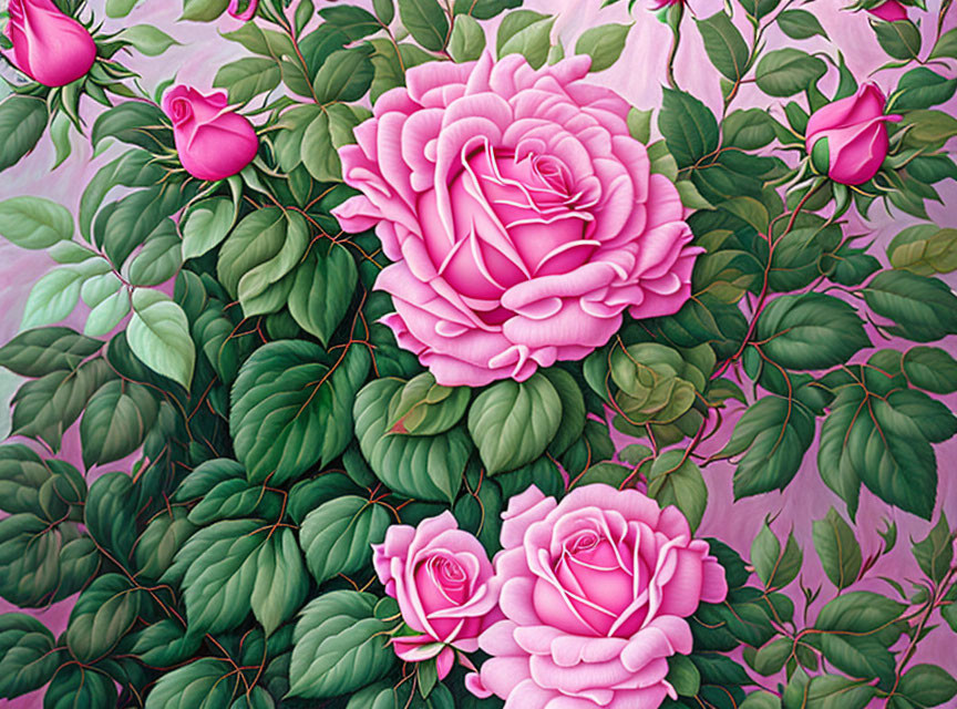 Vibrant Pink Roses in Full Bloom on Pink Background