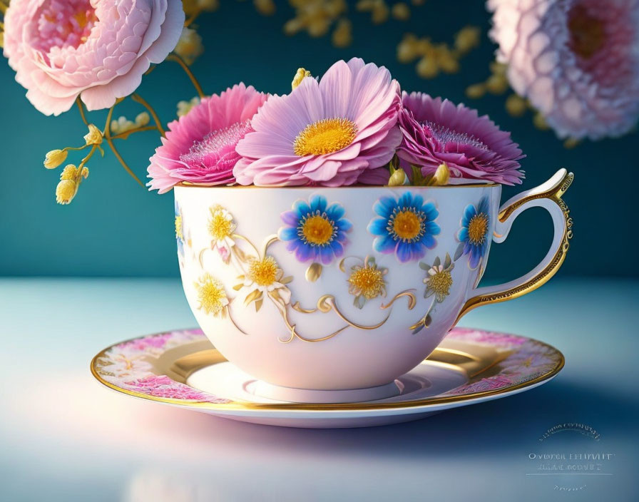 Porcelain cup with floral patterns and gold detailing on turquoise backdrop