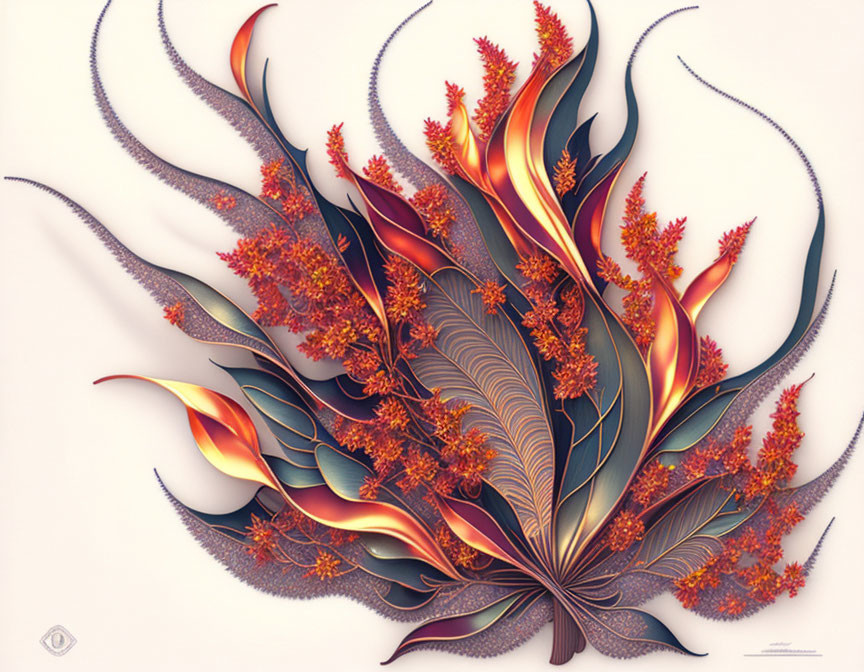 Abstract digital artwork: Flame-like floral patterns in orange, brown, and gold on pale background