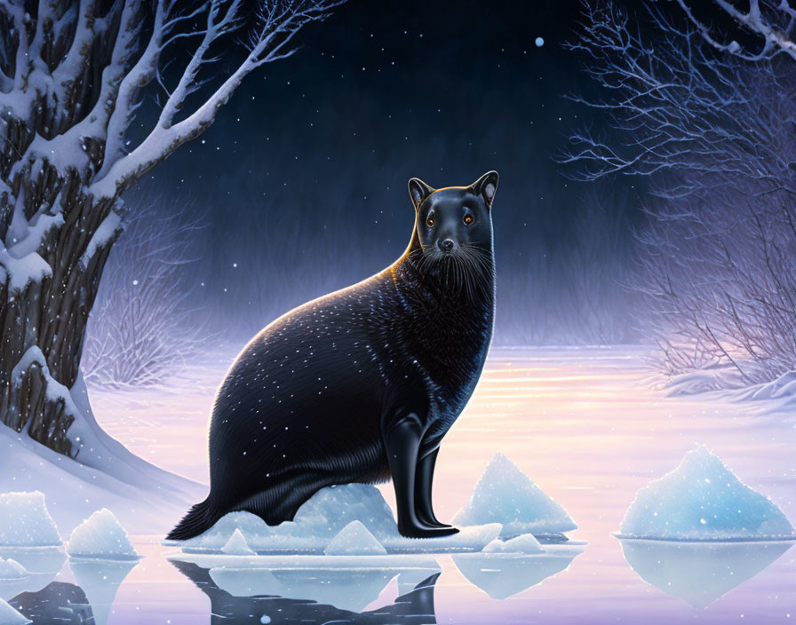 Surreal black cat with seal-like features on ice floe at night