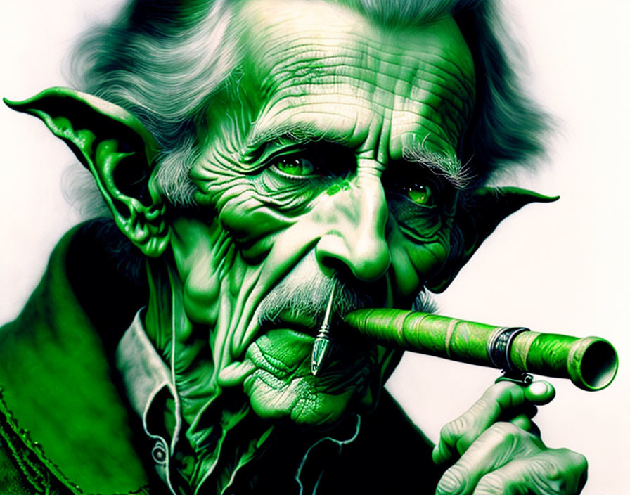 Elderly man's face merged with Yoda features holding a flute