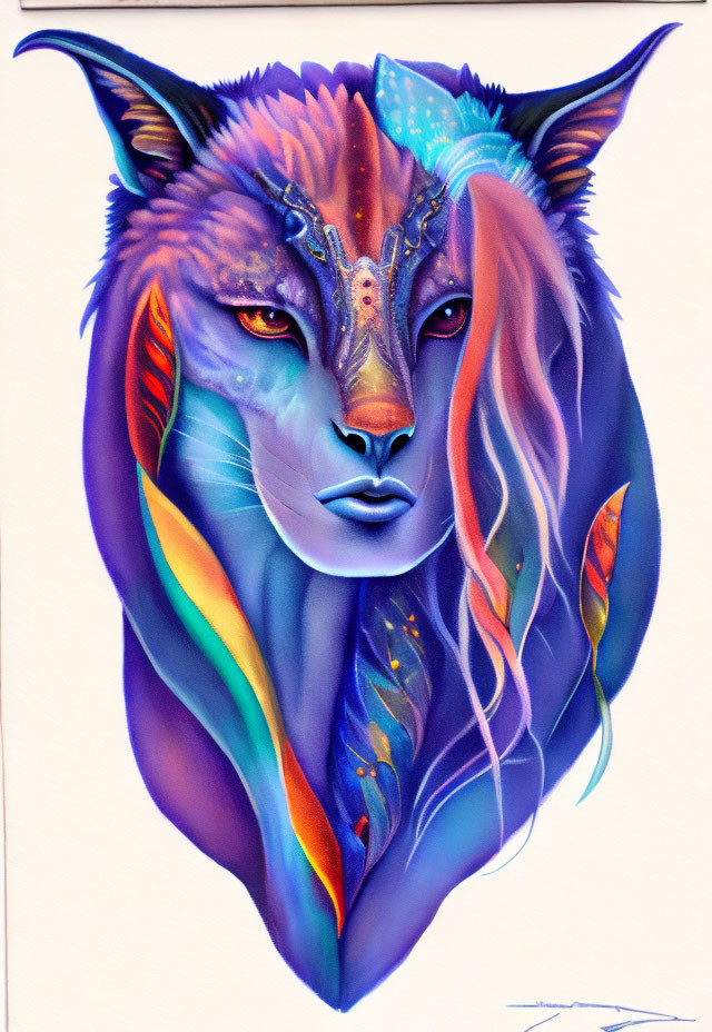 Vibrant humanoid feline creature in colorful fantasy art